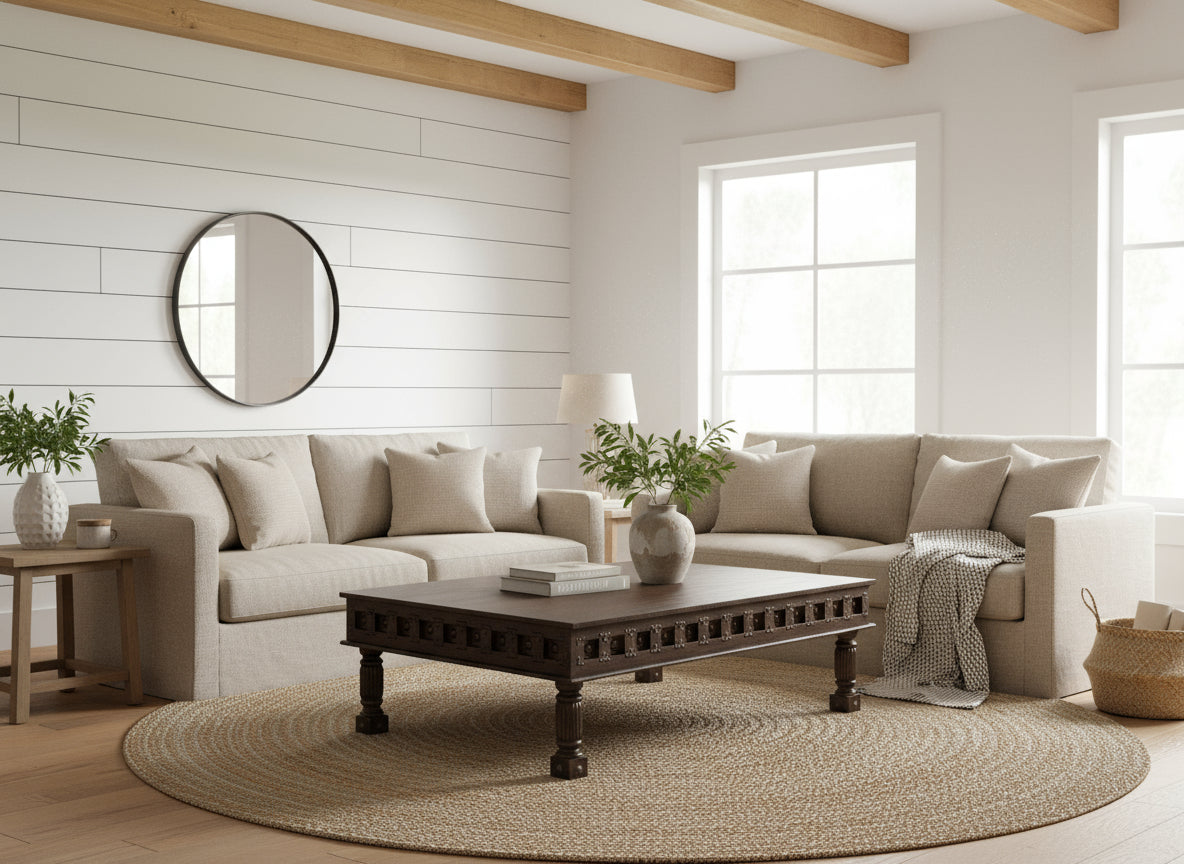 Handcrafted Eclectic Solid Wood 64 in. X 44 in. Large Coffee Table