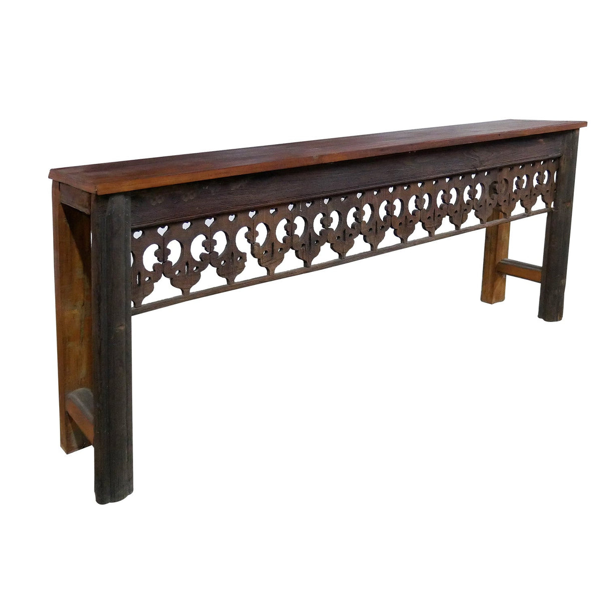 Farmhouse Style Antique Lattice Carved Teak Wood Frieze Repurposed 75" Long Console