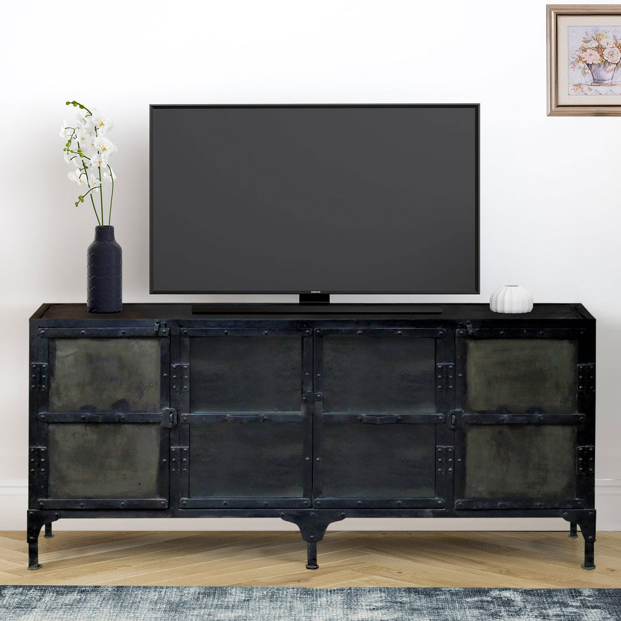 Industrial Style Reclaimed Wood In Metal Frame 60 in. Wide Media Console
