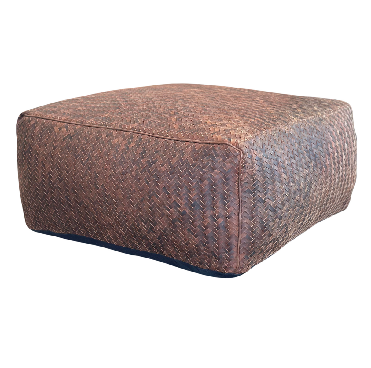 Handwoven Leather Pouf - Dark Brown