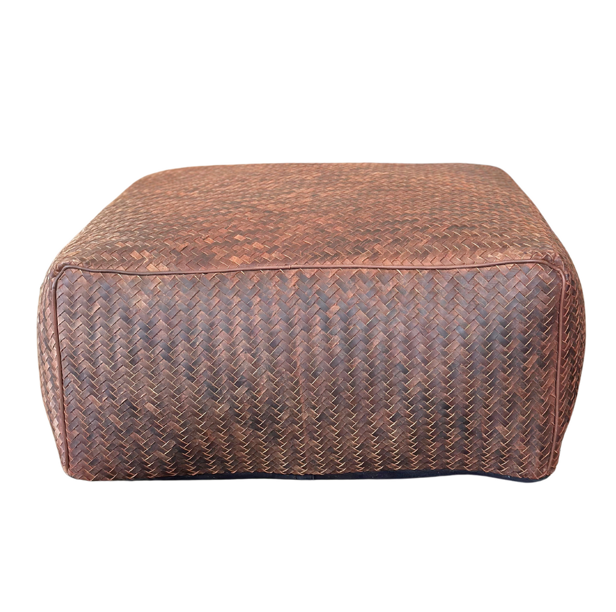Handwoven Leather Pouf - Dark Brown
