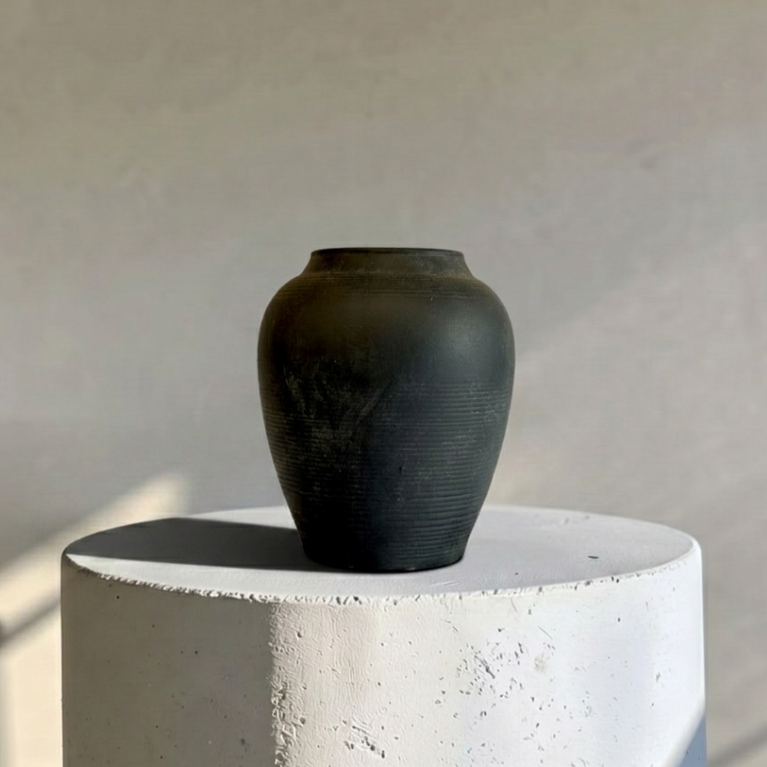 Heritage Classic Terracotta Vessel - Hand-Painted in Weathered Black, 7.8"D x 9.4"H