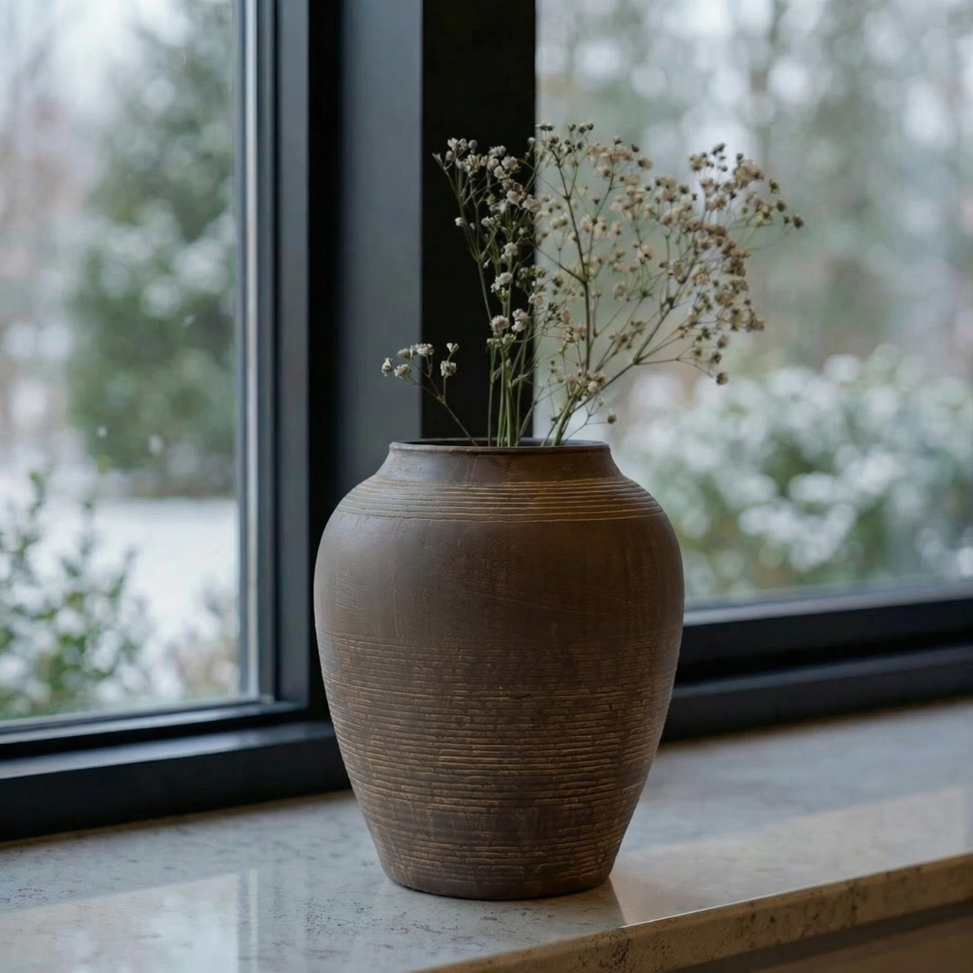 Heritage Classic Terracotta Vessel, Hand-Painted in Earthly Brown or Weathered Black, 7.8"D x 9.4"H