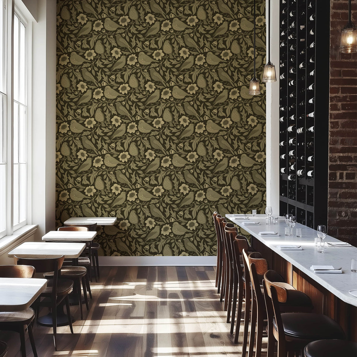 Heritage Birds & Wildflowers - Olive Green Botanical Wallpaper