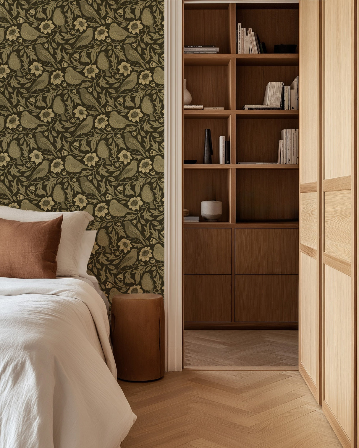 Heritage Birds & Wildflowers - Olive Green Botanical Wallpaper