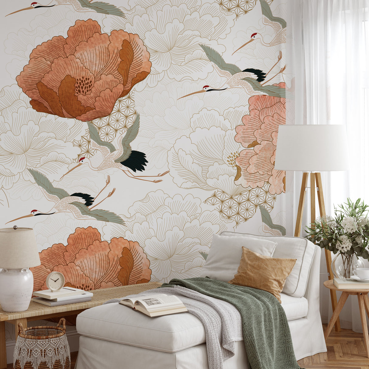 Crane Mural Wallpaper - Japanese Floral Wallpaper Mural - Vintage Peel and Stick Wallpaper