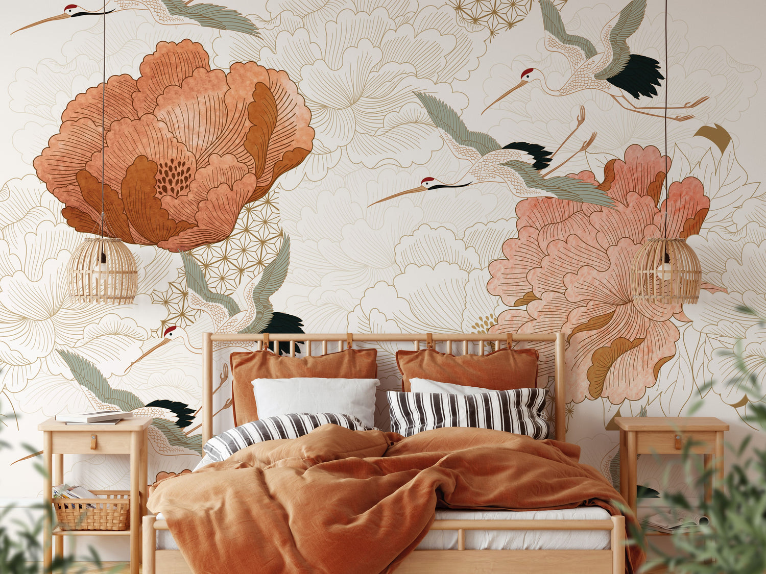 Crane Mural Wallpaper - Japanese Floral Wallpaper Mural - Vintage Peel and Stick Wallpaper