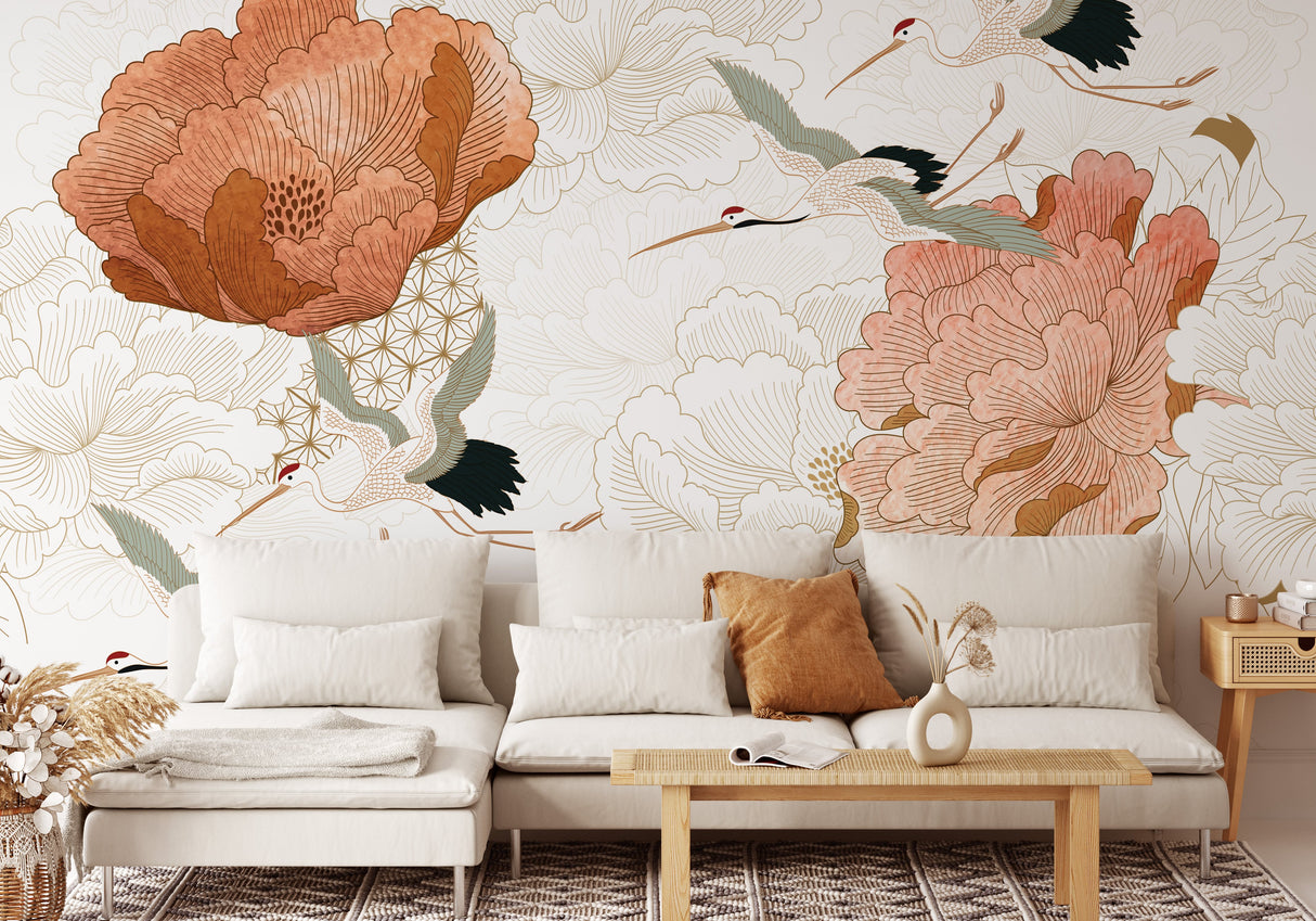 Crane Mural Wallpaper - Japanese Floral Wallpaper Mural - Vintage Peel and Stick Wallpaper