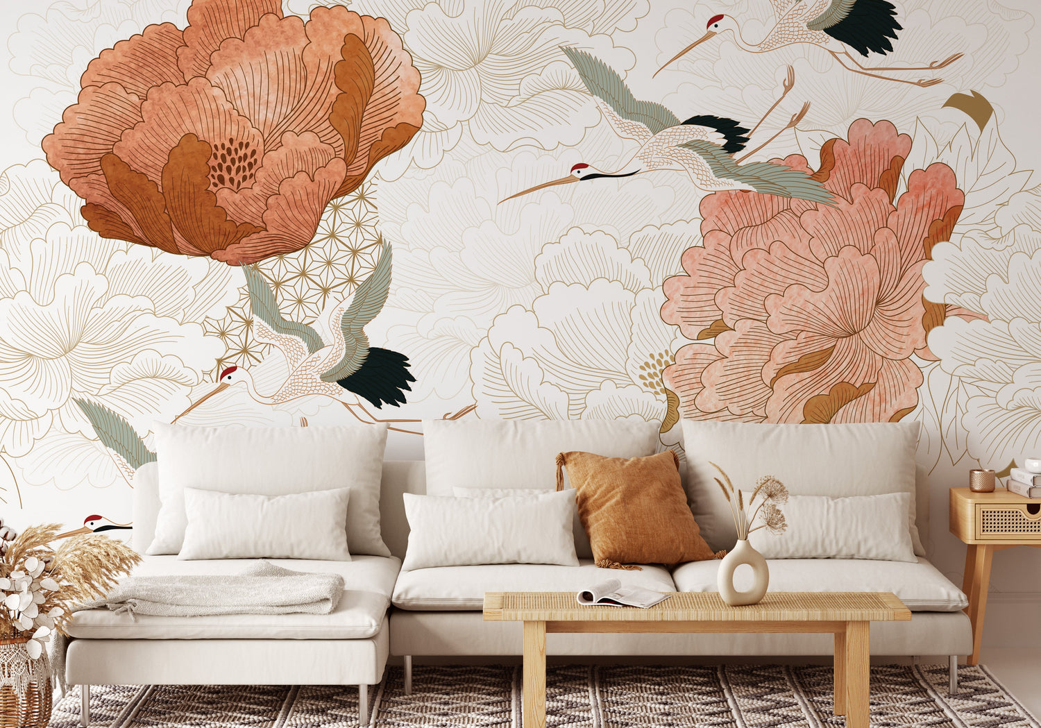 Crane Mural Wallpaper - Japanese Floral Wallpaper Mural - Vintage Peel and Stick Wallpaper