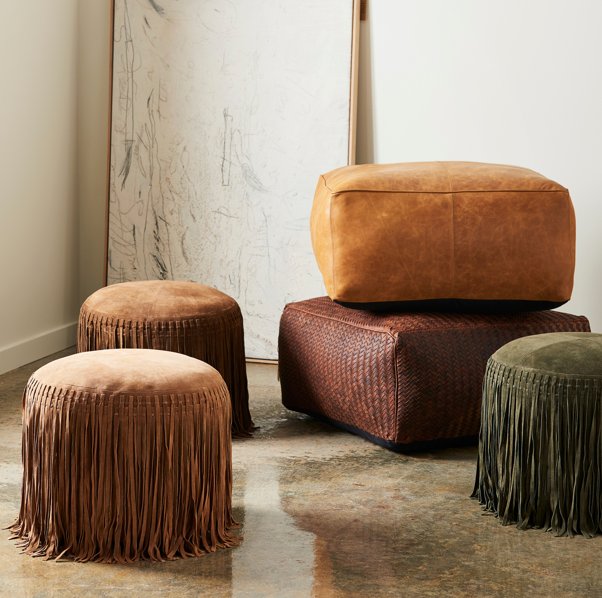 Square Leather Pouf - Tan