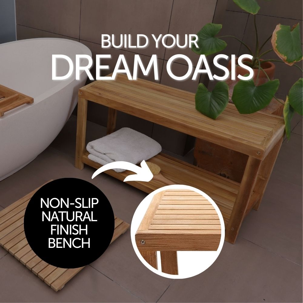 Bali Natural Teak Shower and Bath Spa Bench with Shelf - 35"