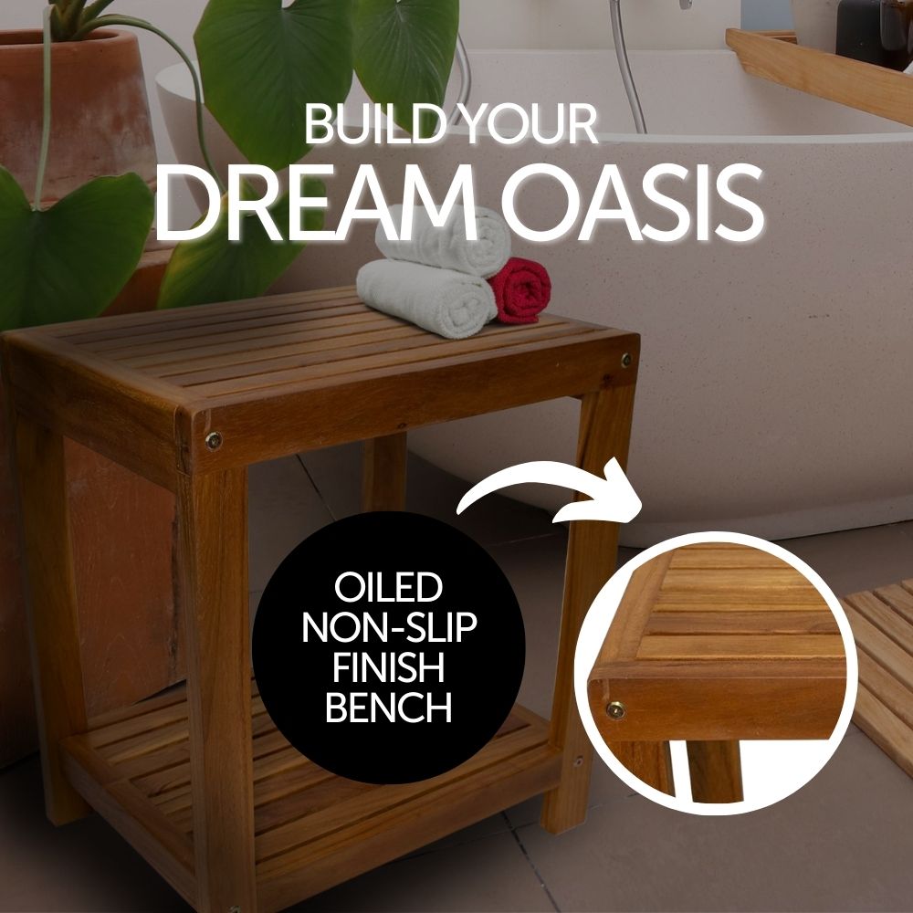 Bali Teak Shower and Bath Spa Bench with Shelf – 18″