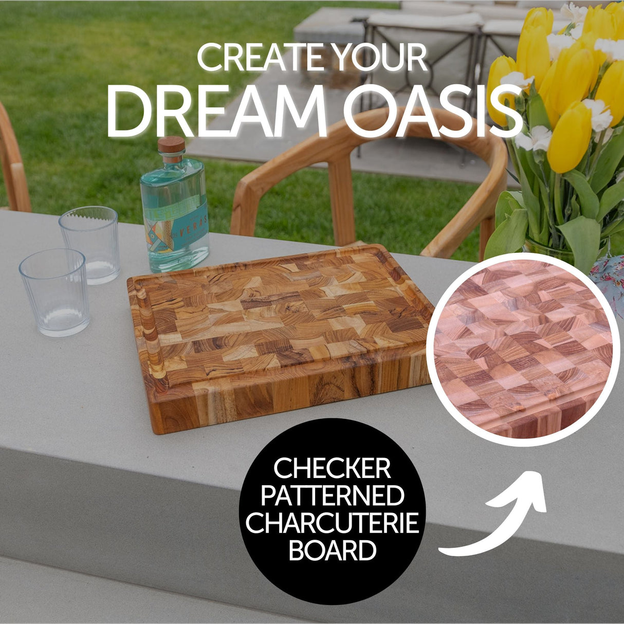 Adobe Checkered Teak Cutting Board - 15"