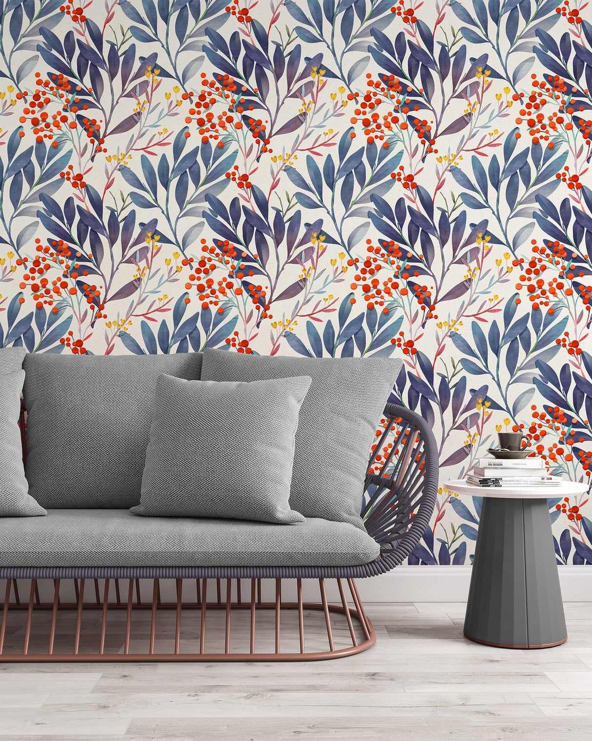 Berries and Blue Leaves Wallpaper