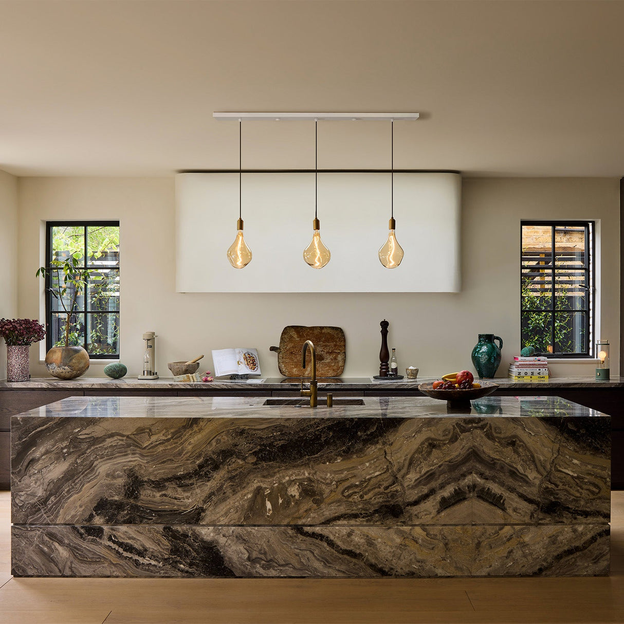 Linear Triple Pendant in Brass + Voronoi II