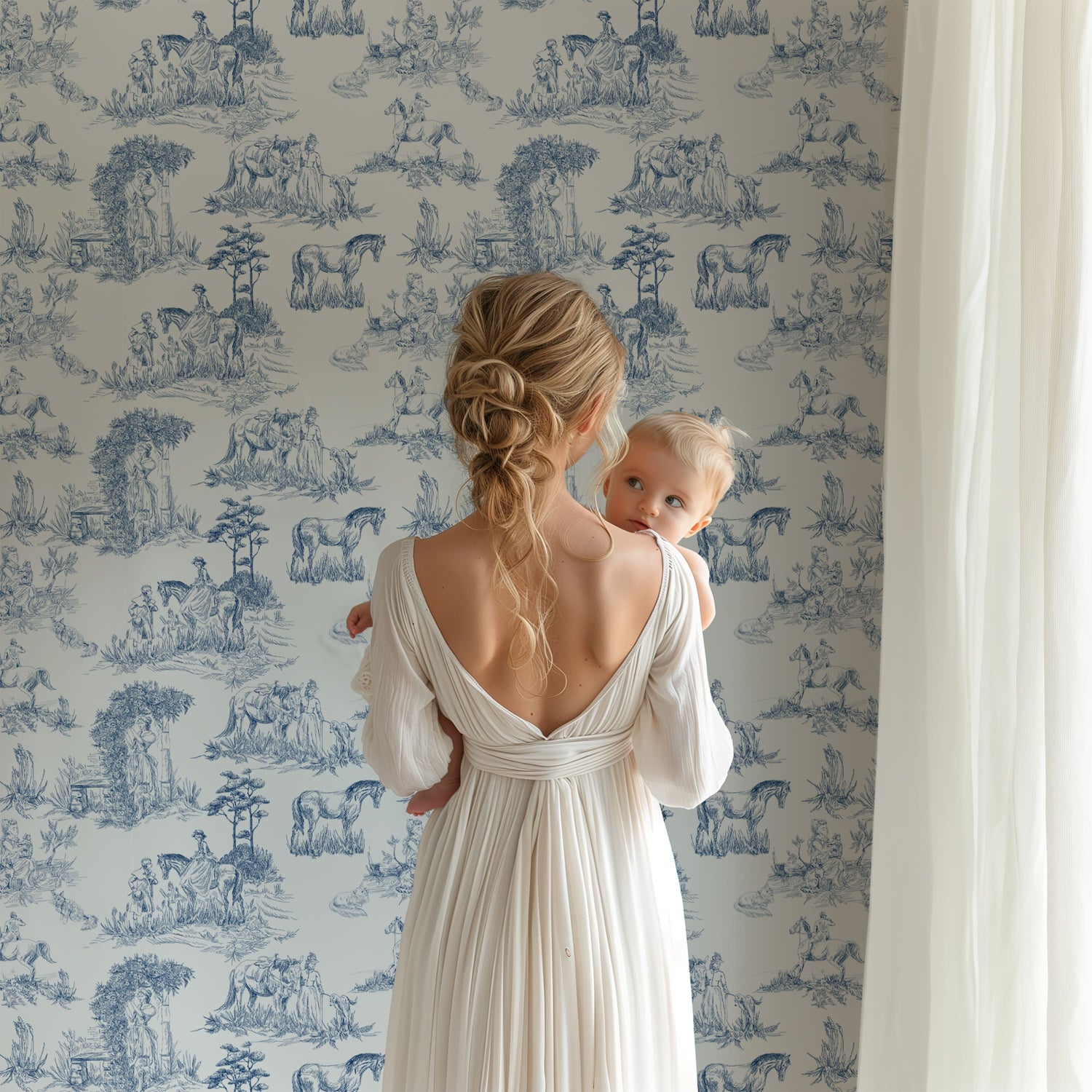 Classic Blue French Toile Wallpaper - Elegant Countryside Wallcovering