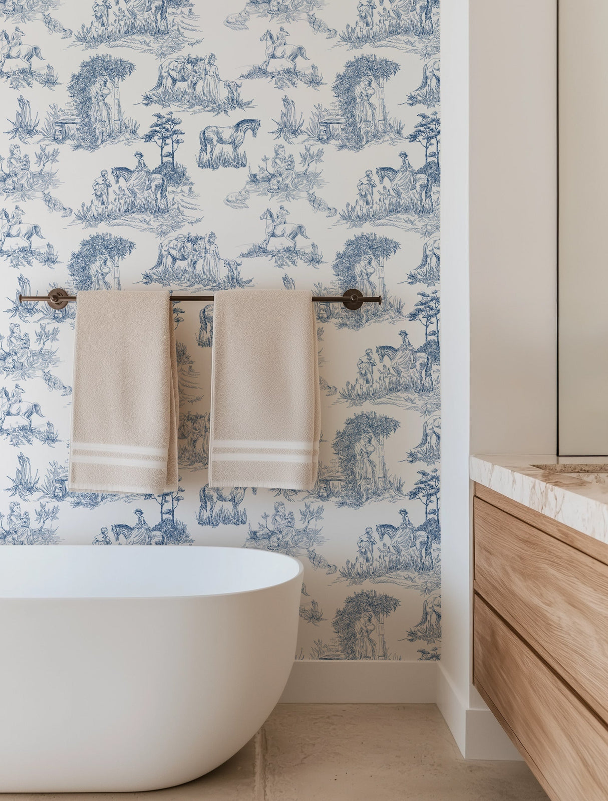 Classic Blue French Toile Wallpaper - Elegant Countryside Wallcovering