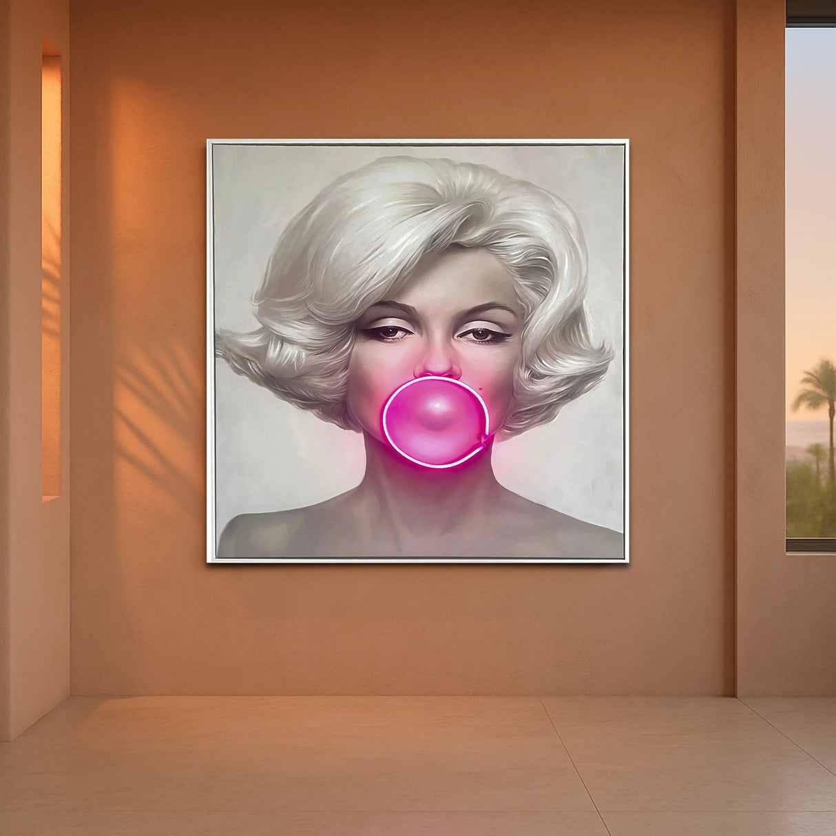 Marilyn Monroe Bubble Gum LED Wall Art – Pink LED Canvas with Bubble Accent