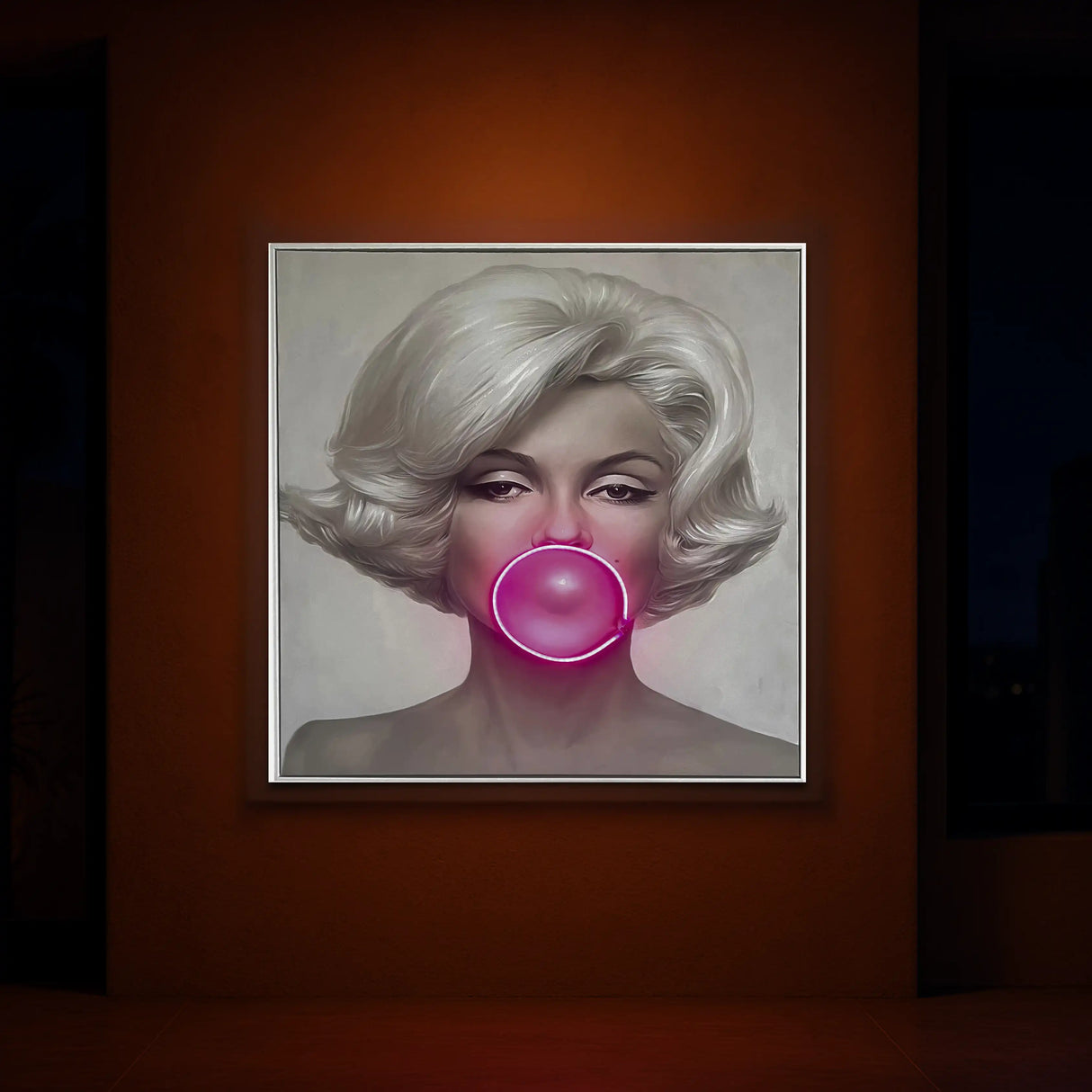 Marilyn Monroe Bubble Gum LED Wall Art – Pink LED Canvas with Bubble Accent