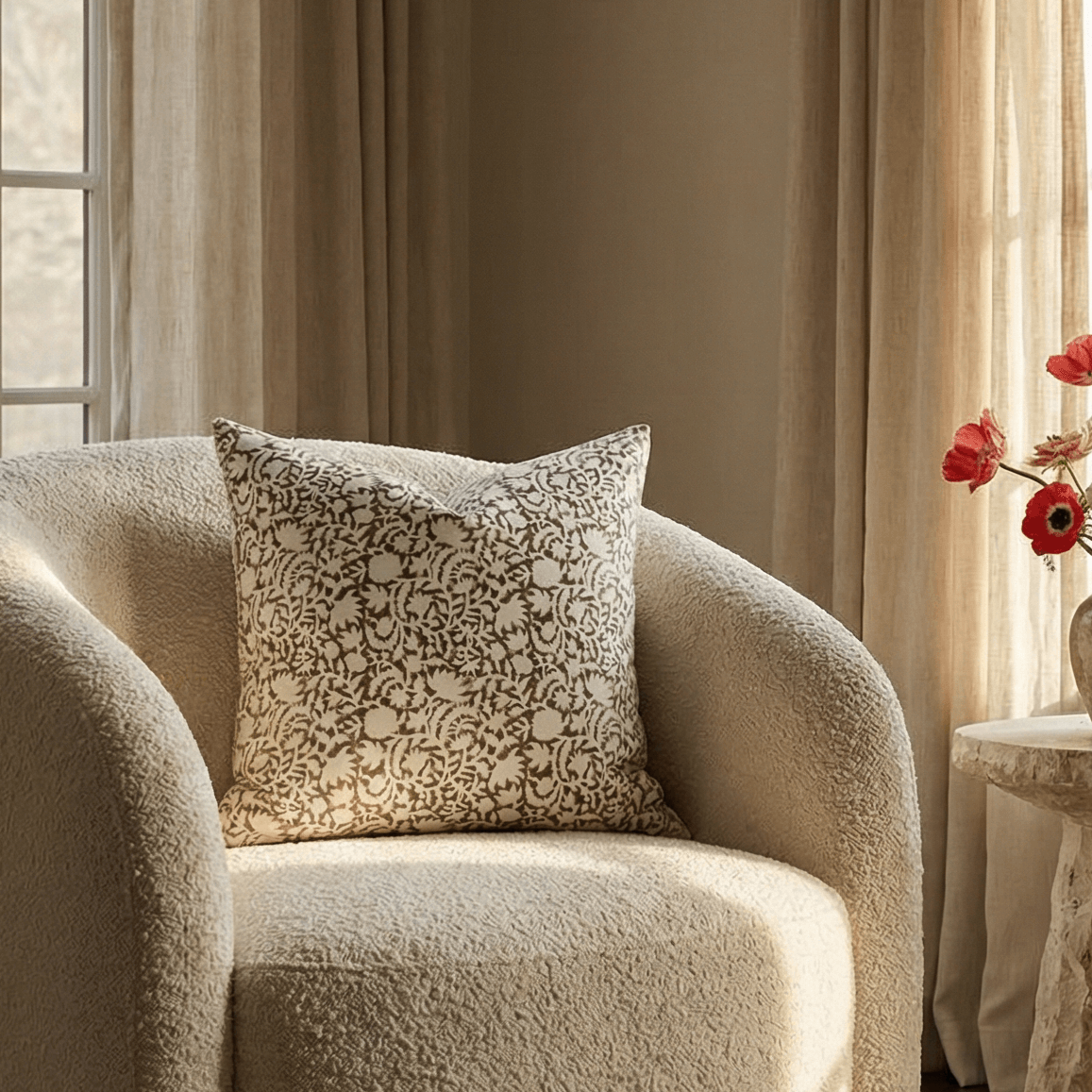 Ochre Floral Block Printed Pillow Cover | Mustard
