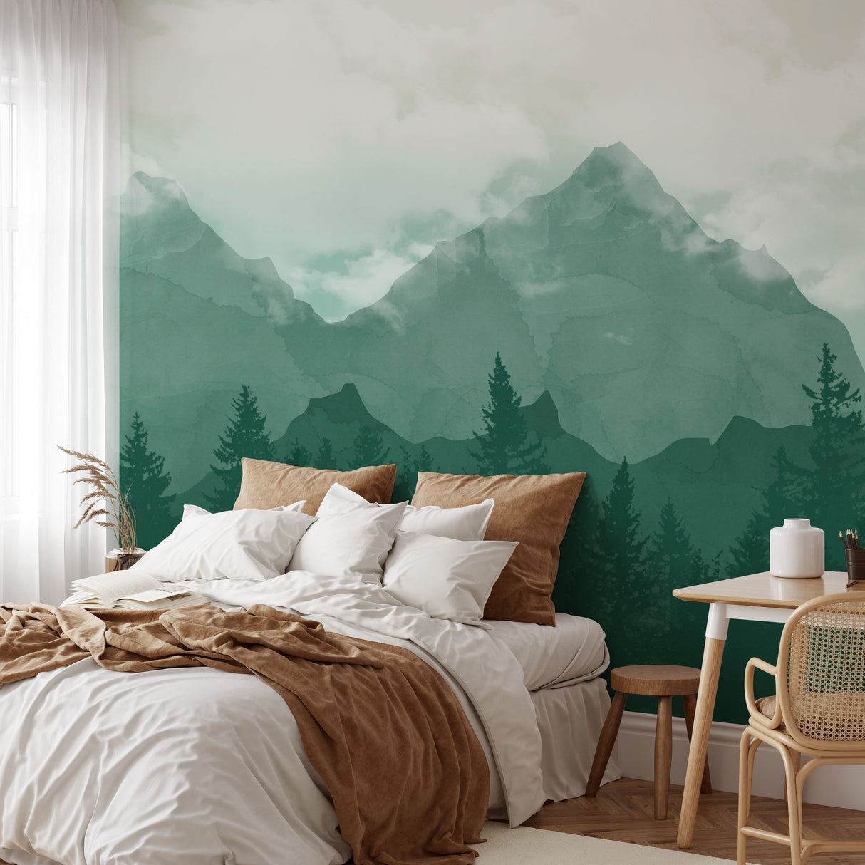 Serene Mountain Forest Wallpaper - Tranquil Green Landscape Mural