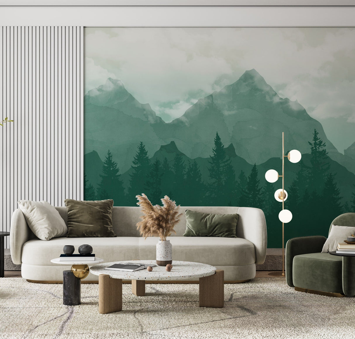 Serene Mountain Forest Wallpaper - Tranquil Green Landscape Mural