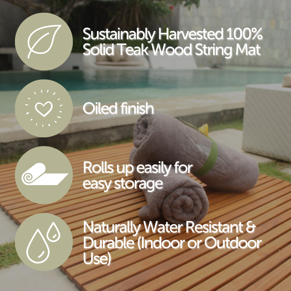 Spokane Extra Large Oiled Teak Shower and Bath String Mat with Rubber Footing 59″ x 35″