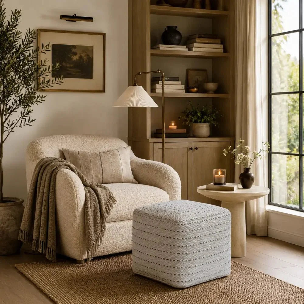 Square Striped Woven Ottoman Pouf