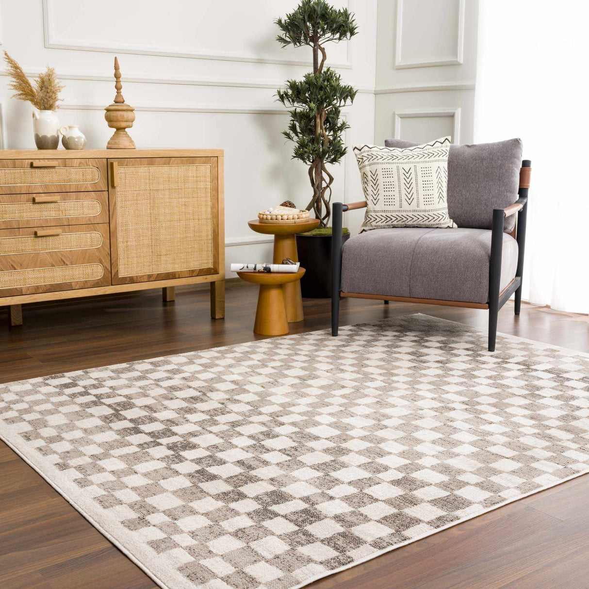 Benjy Beige Checkered Area Rug