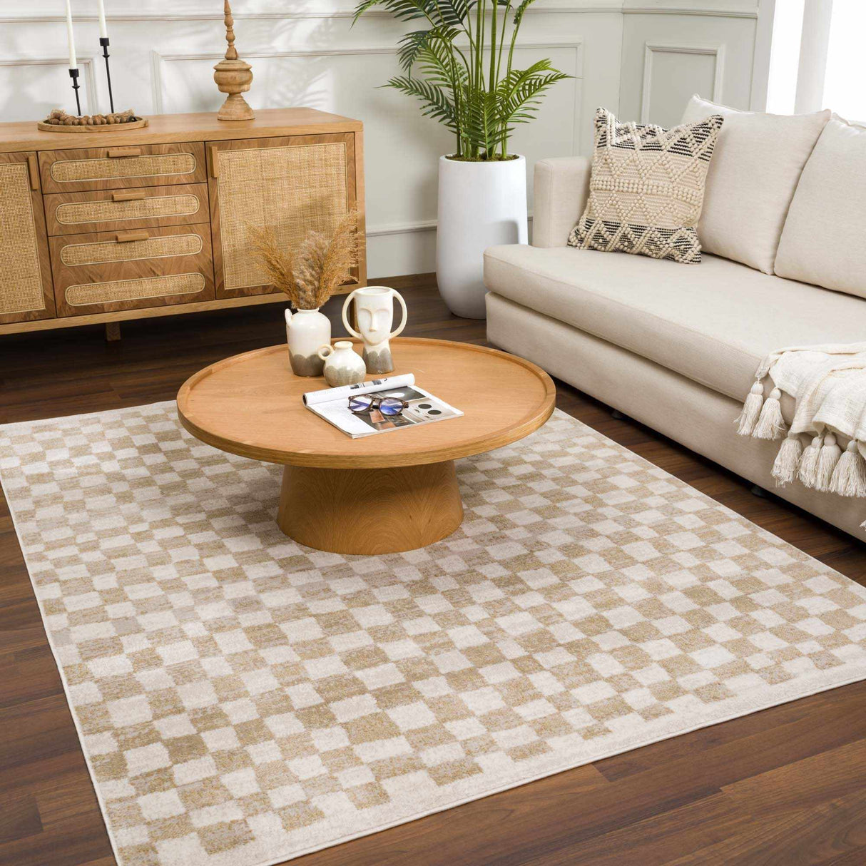 Benjy Cream & Gold Checkered Area Rug