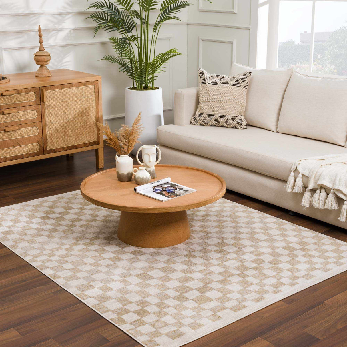 Benjy Cream & Gold Checkered Area Rug