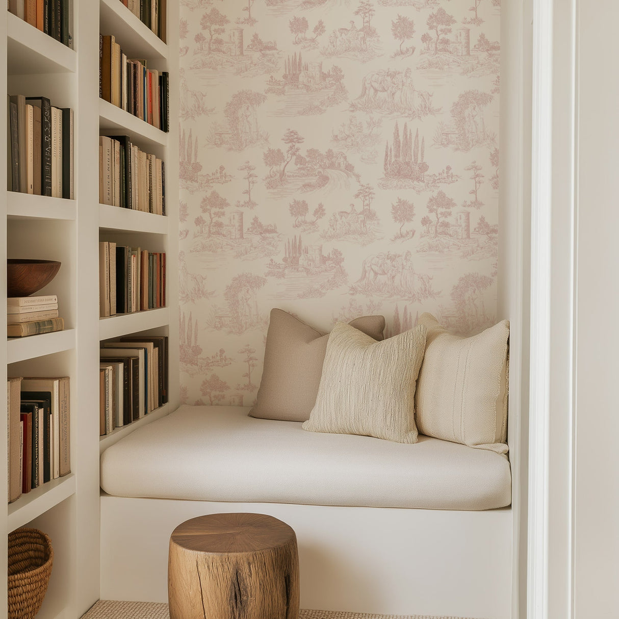 Pastoral Romance - Pale Pink Toile Landscape Wallpaper