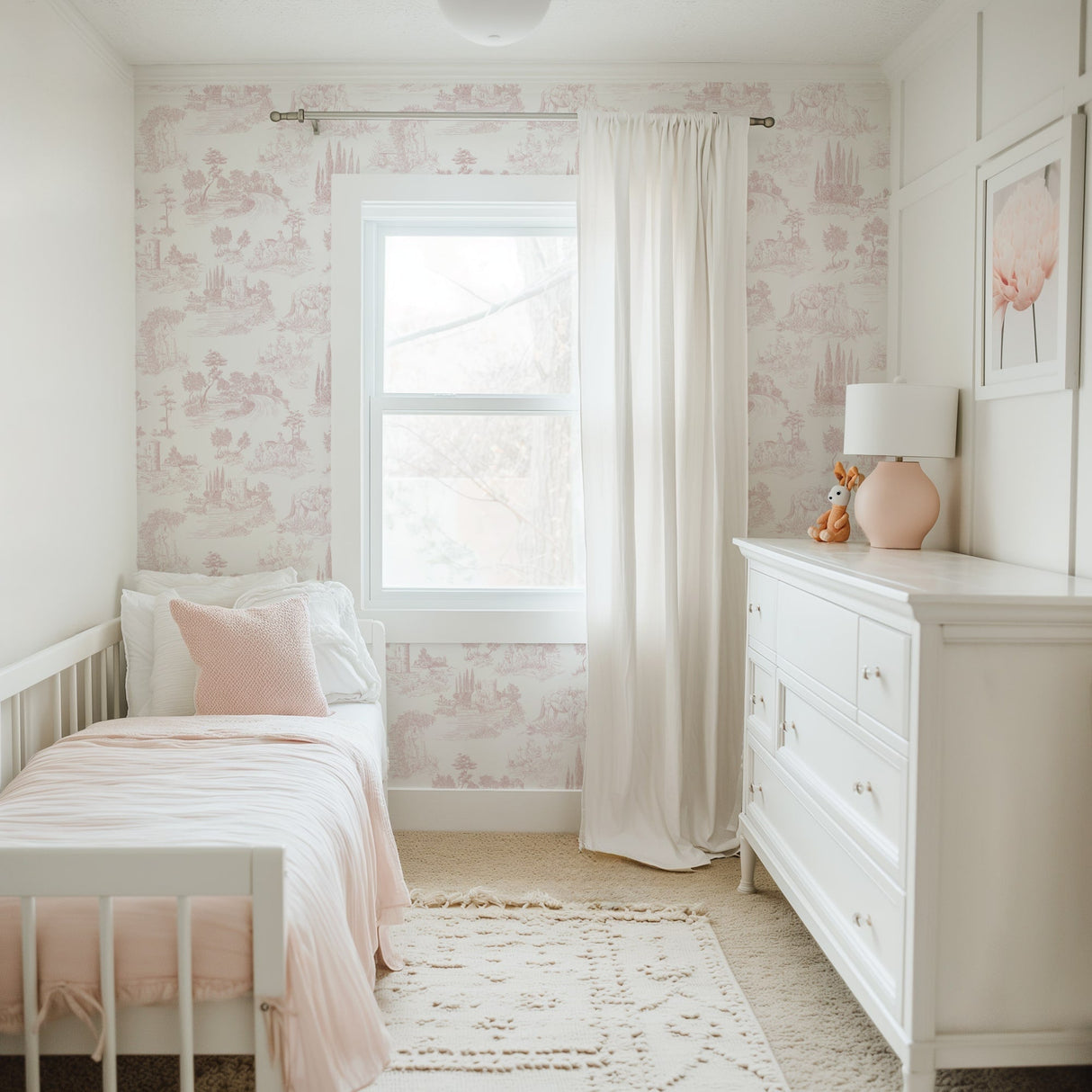 Pastoral Romance - Pale Pink Toile Landscape Wallpaper