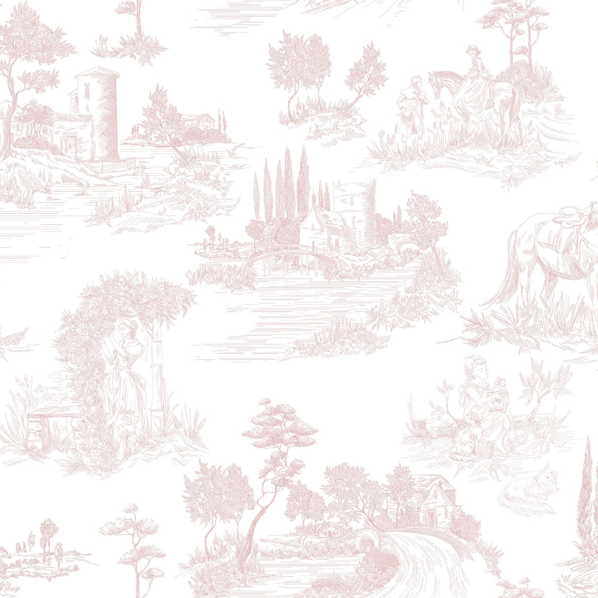 Pastoral Romance - Pale Pink Toile Landscape Wallpaper