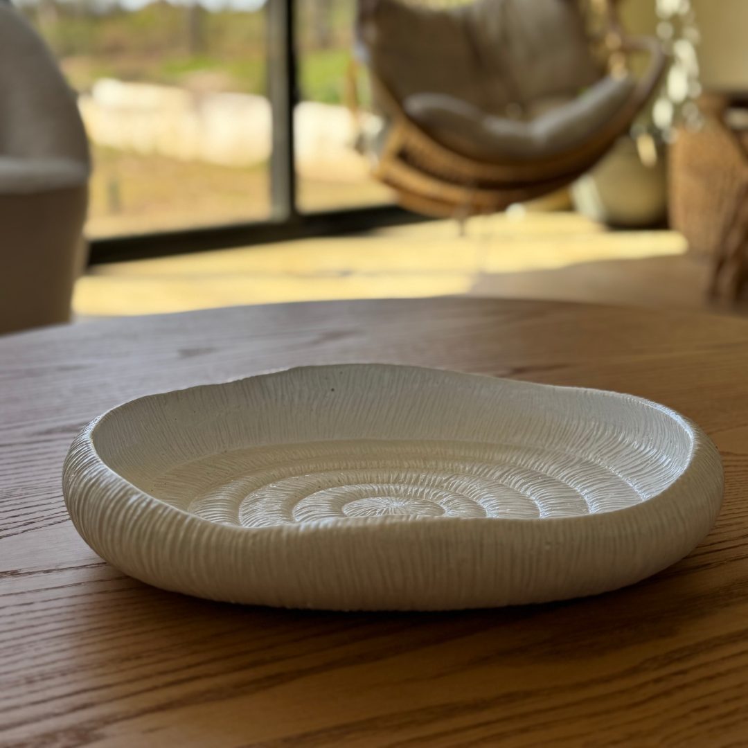 Zephyr Serving Tray, Artisan Cement Display Piece Hand-painted in White Dove, 14.1"D x 2.3"H