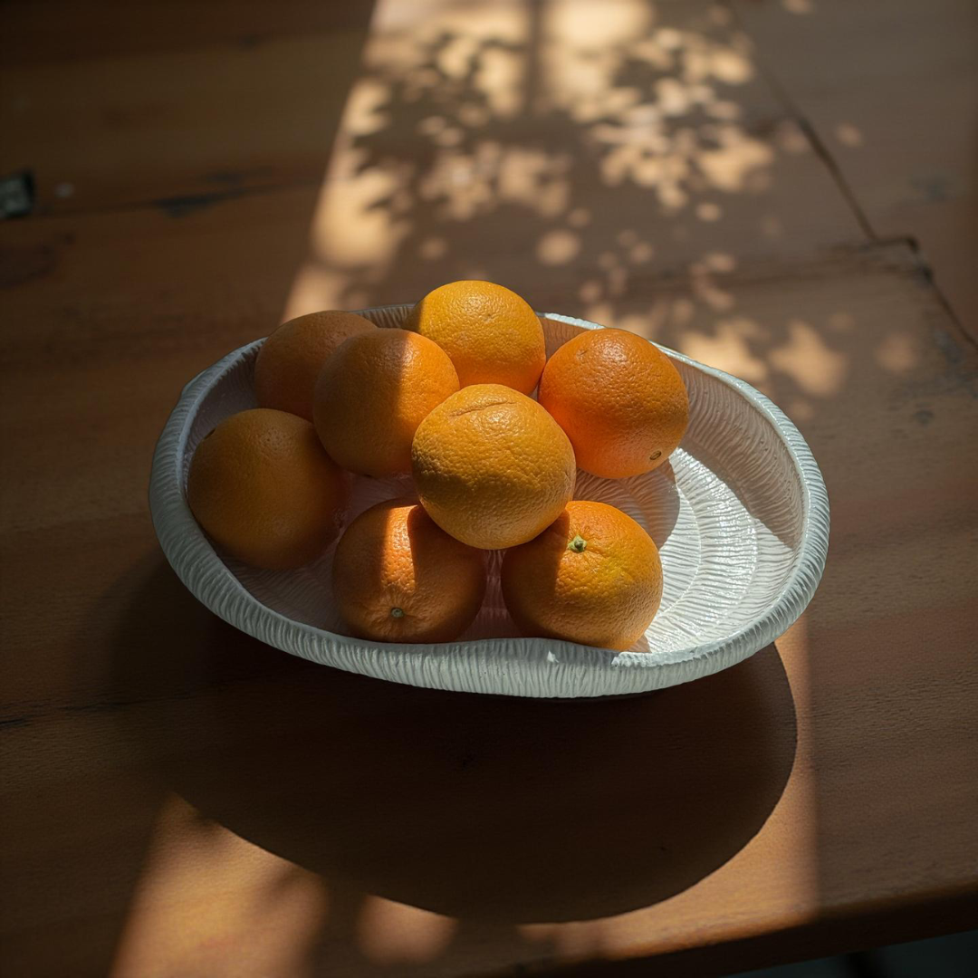 Zephyr Serving Tray, Artisan Cement Display Piece Hand-painted in White Dove, 14.1"D x 2.3"H