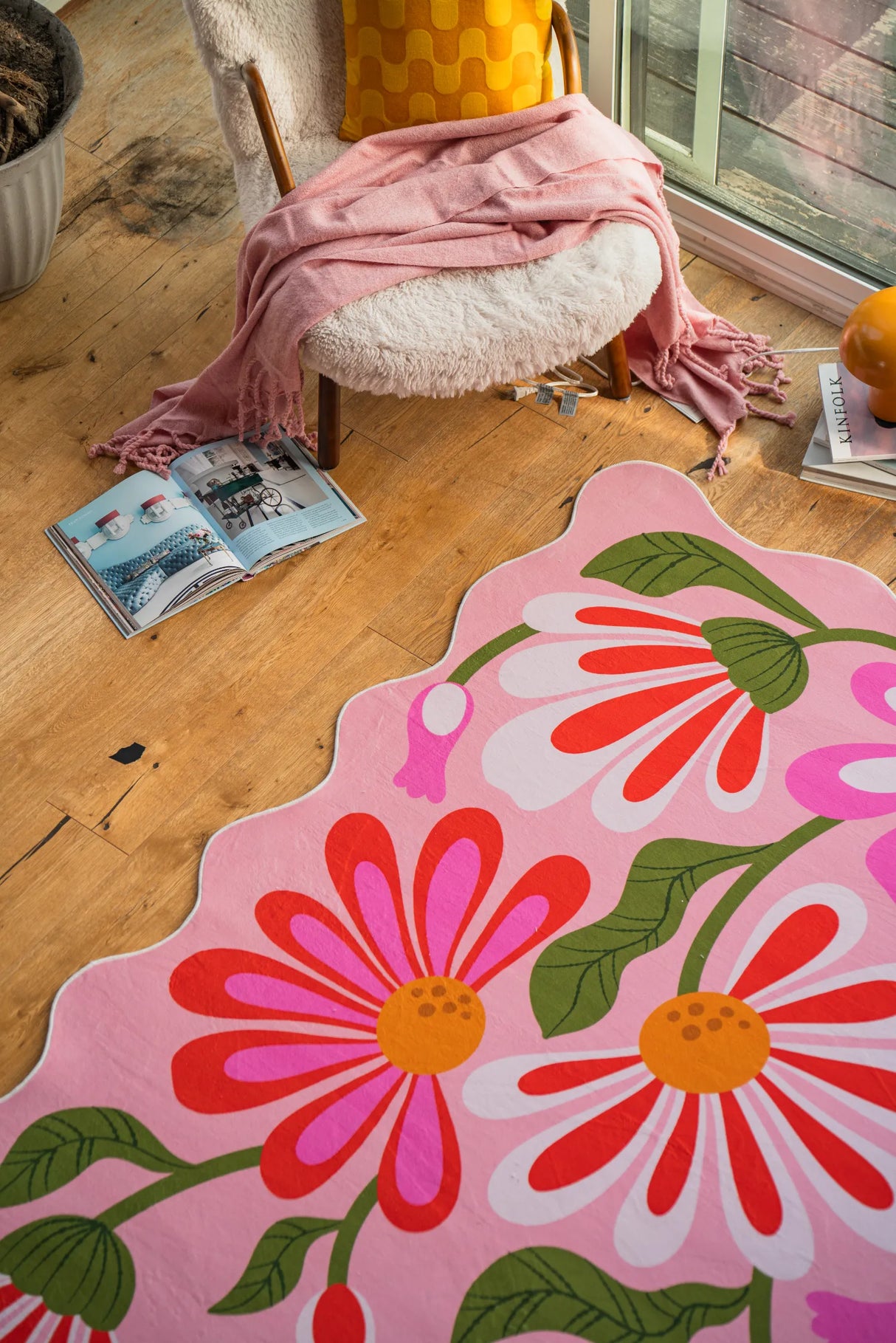 Pink Base Pink Floral Wavy Rug by Jessica Miller