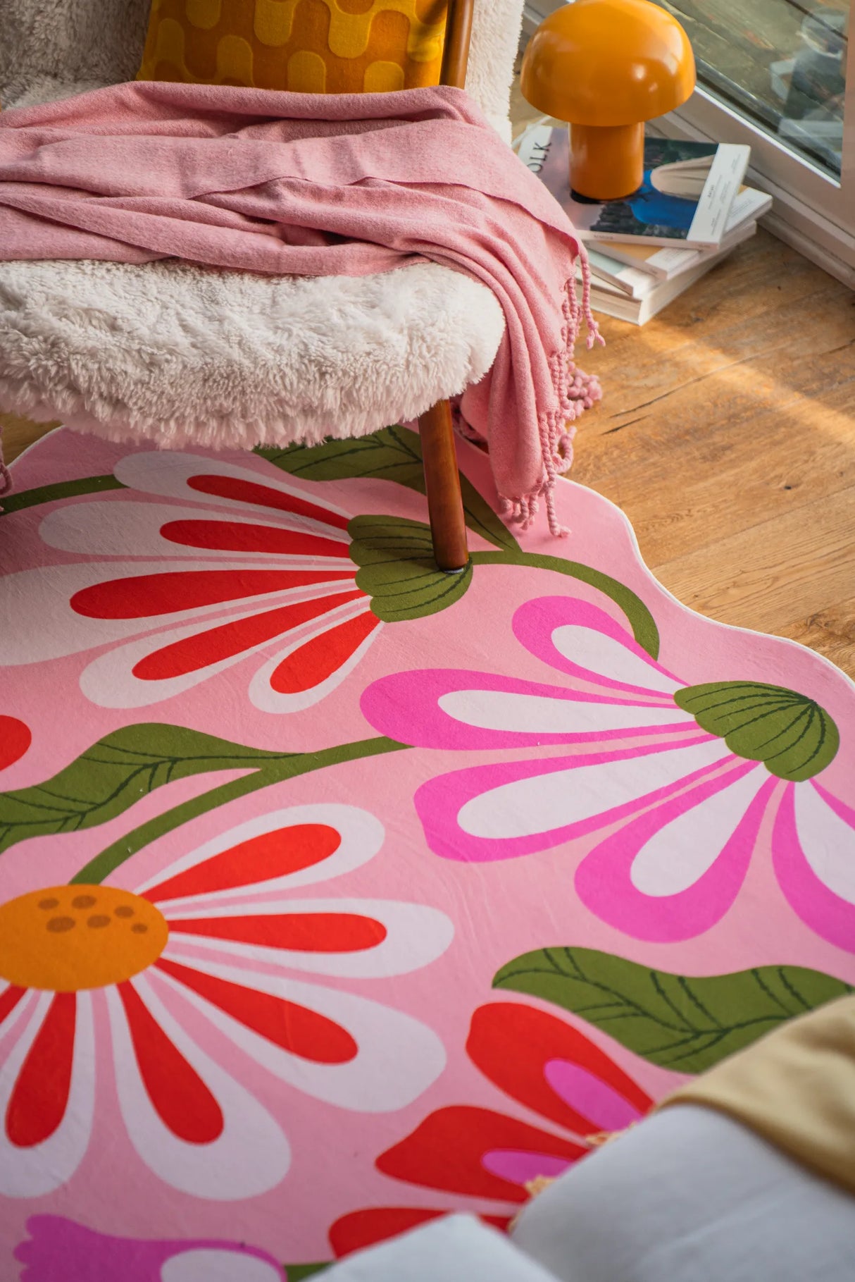 Pink Base Pink Floral Wavy Rug by Jessica Miller