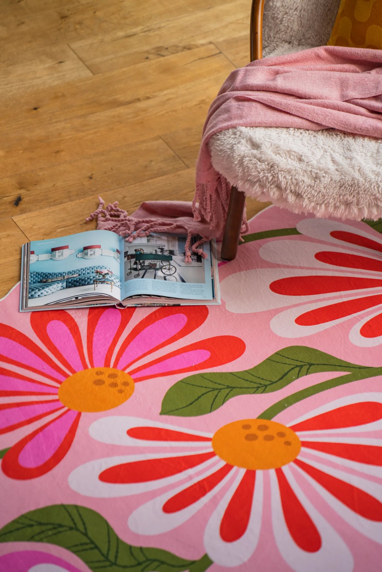 Pink Base Pink Floral Wavy Rug by Jessica Miller