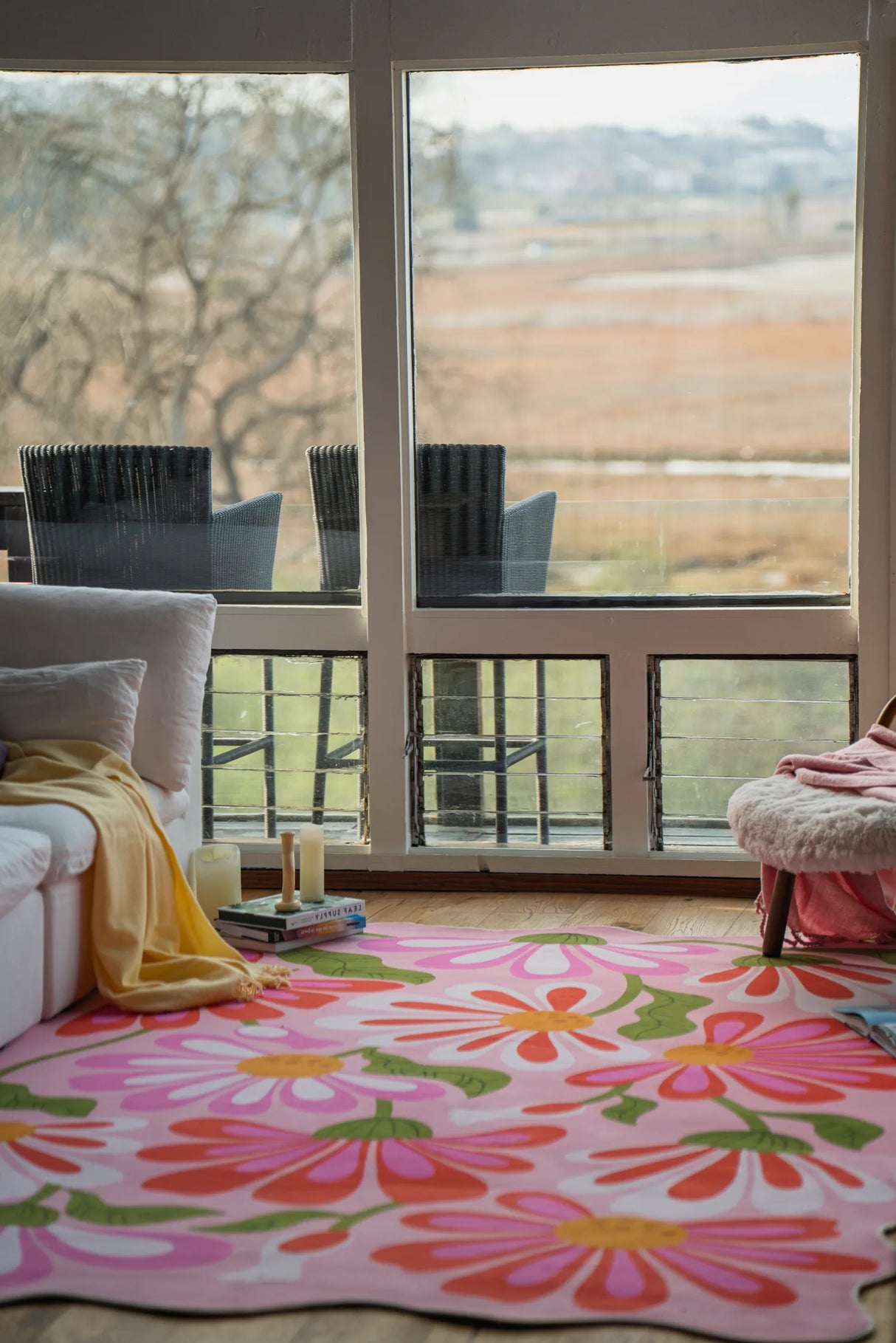 Pink Base Pink Floral Wavy Rug by Jessica Miller