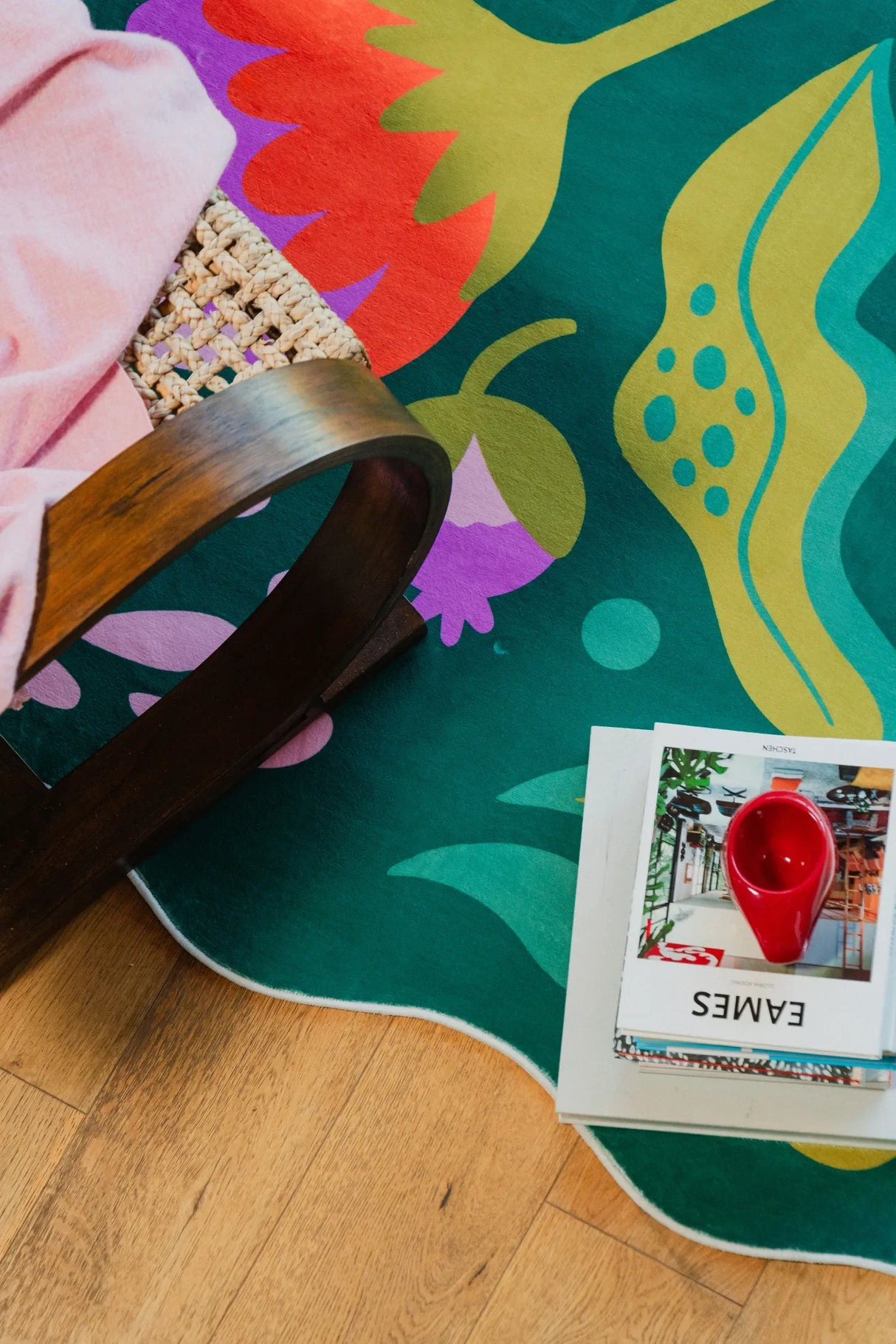 Green Base Pink Floral Wavy Rug by Jessica Miller