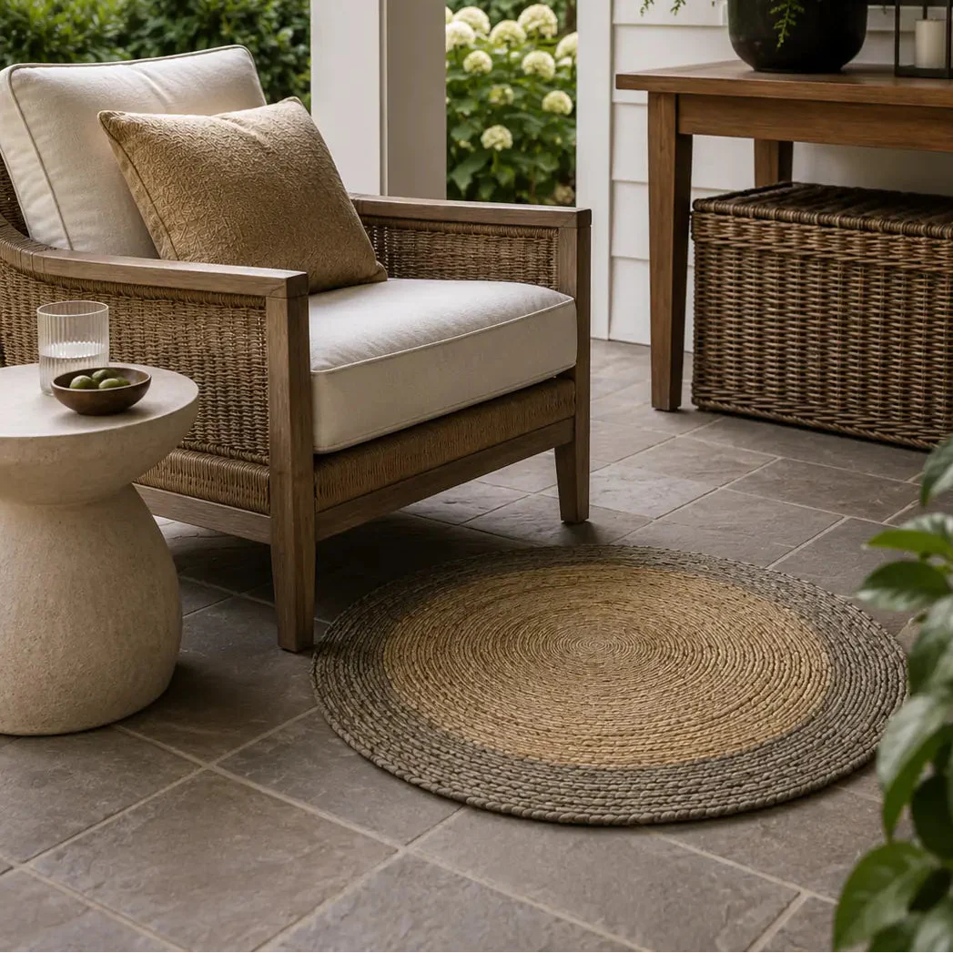 Natural and Brown Round Braided Jute Rug