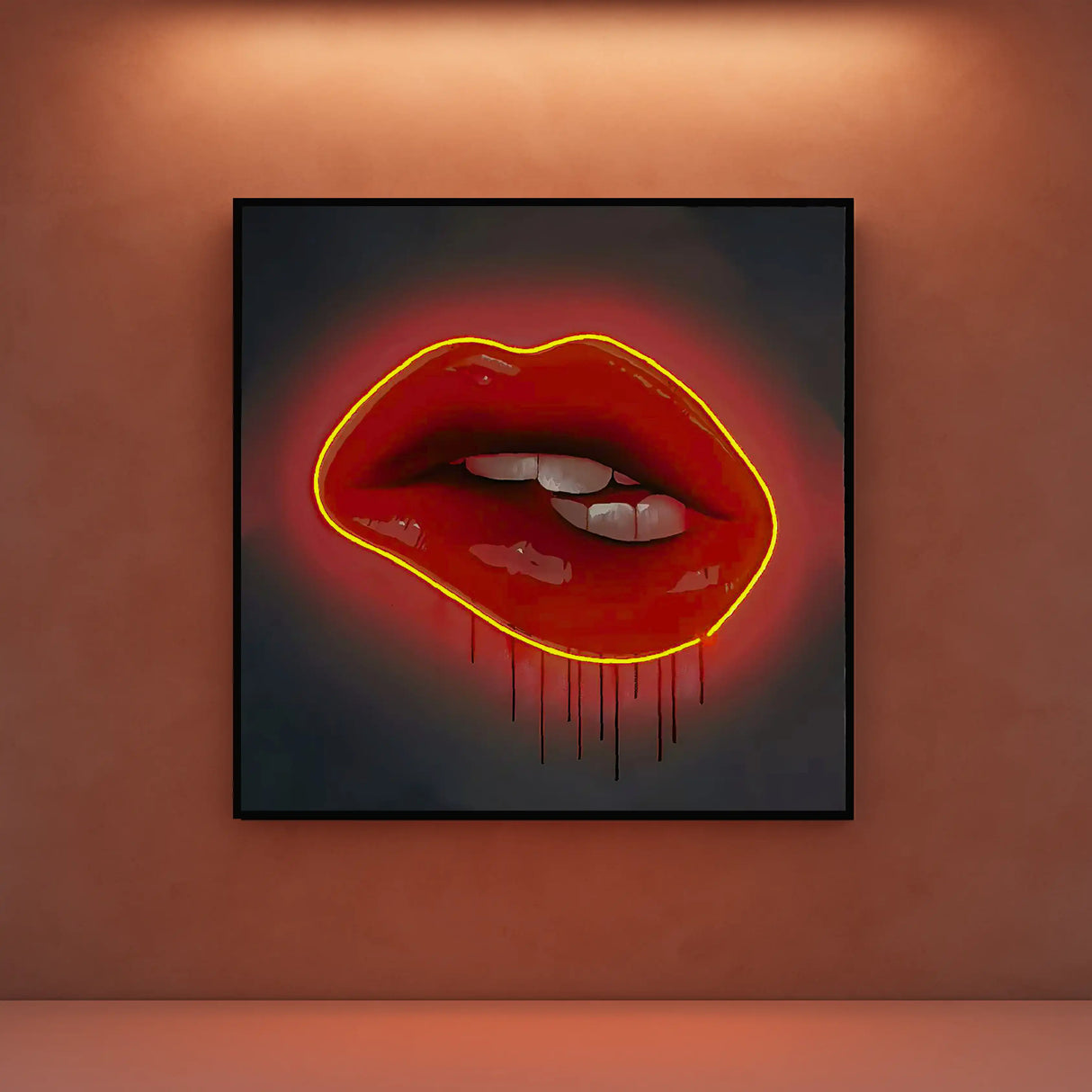 Red Lips LED Wall Art | Lip Biting Red LED Canvas with Paint Drip