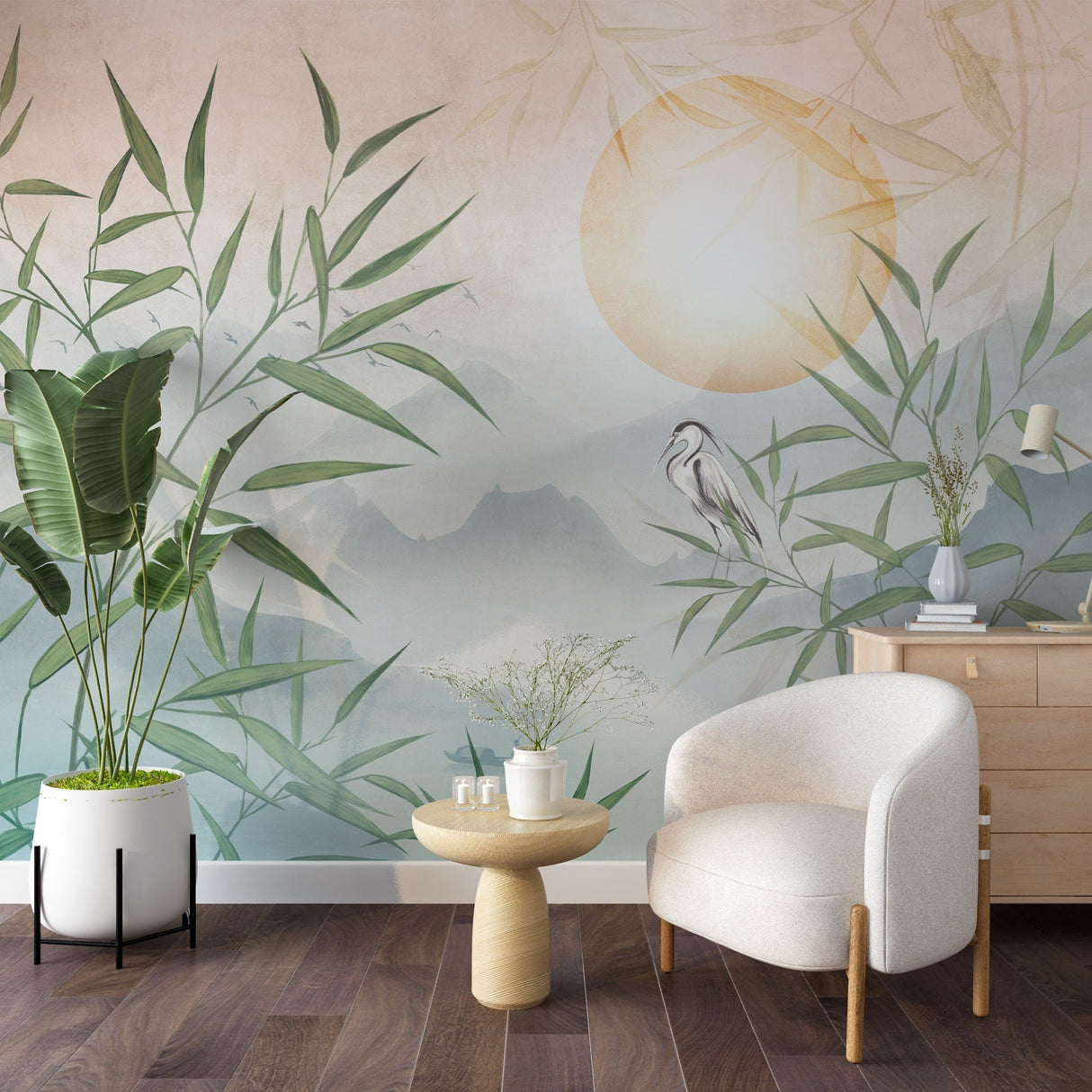 Heron and Bamboo Wallpaper Mural - Nature Scene with Mountains