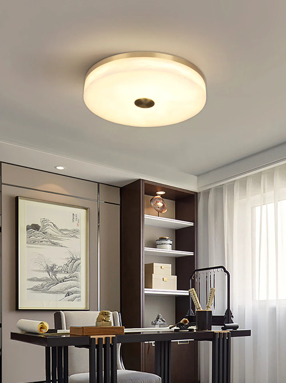 Round Alabaster Brass Ceiling Light