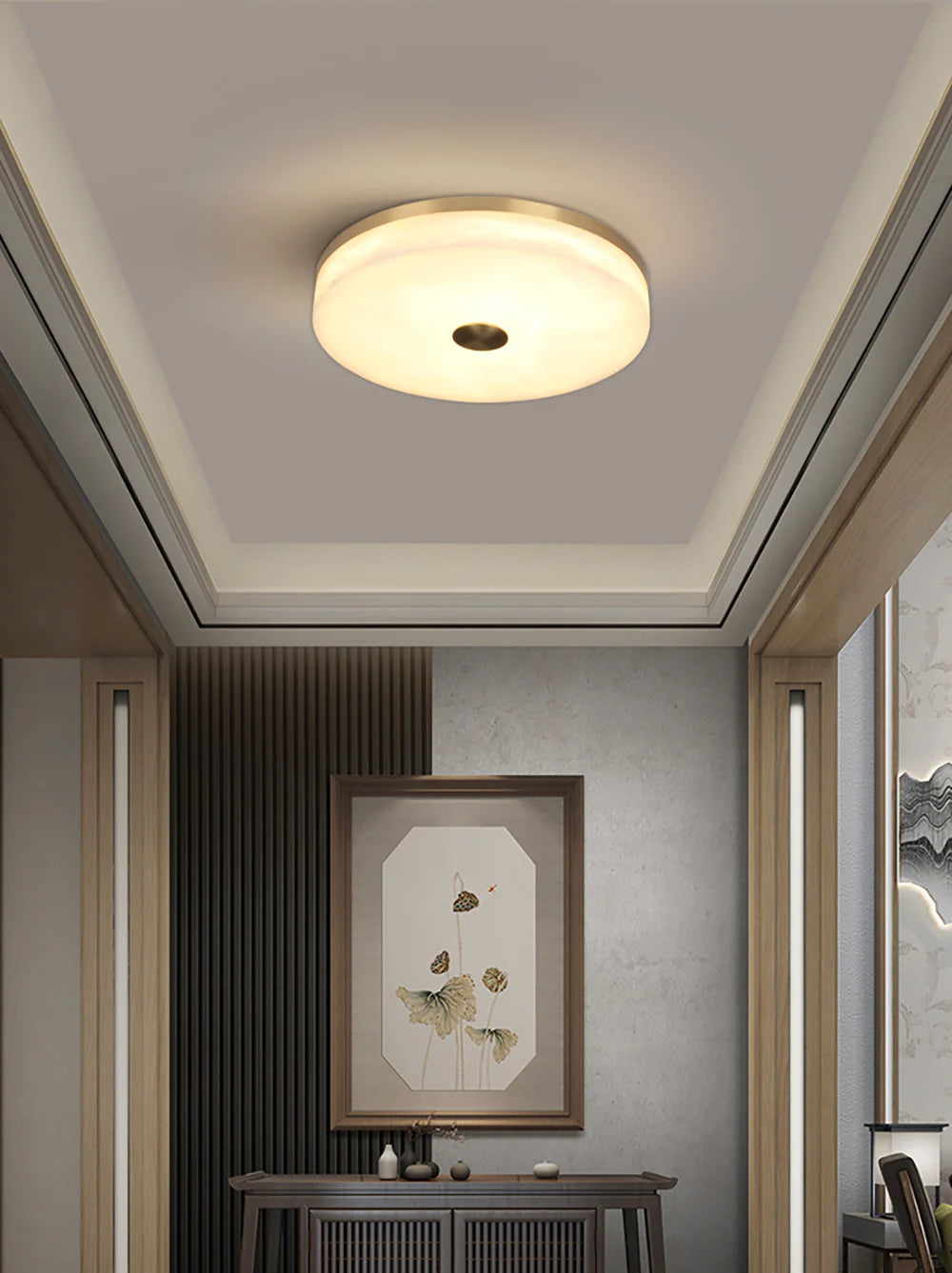 Round Alabaster Brass Ceiling Light