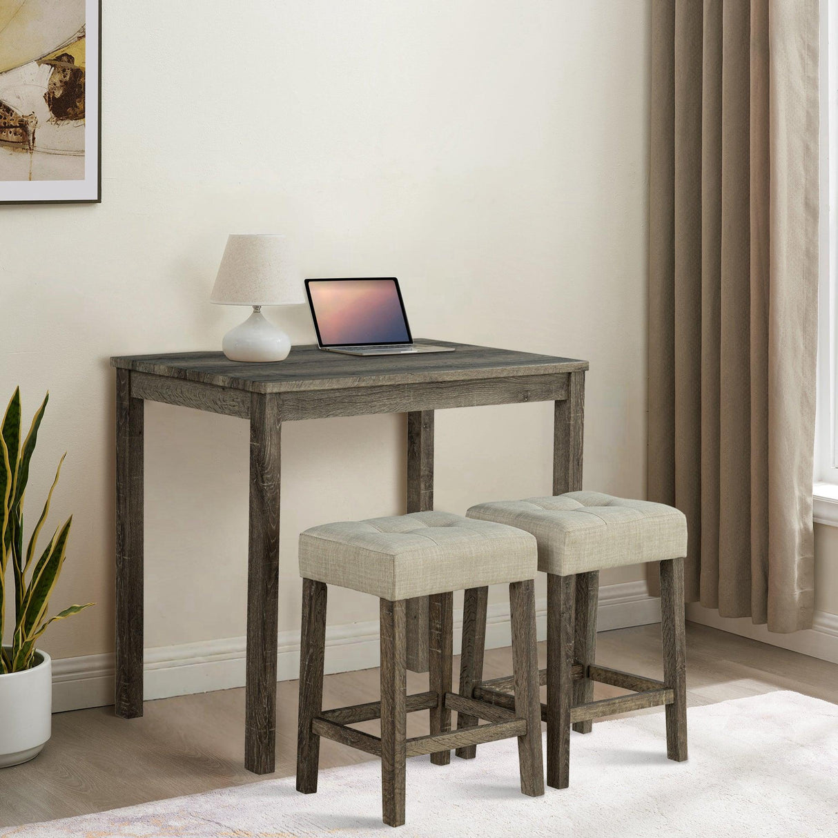 1 Traditional Breakfast Dining Table Set with 2 Stools for Apartment