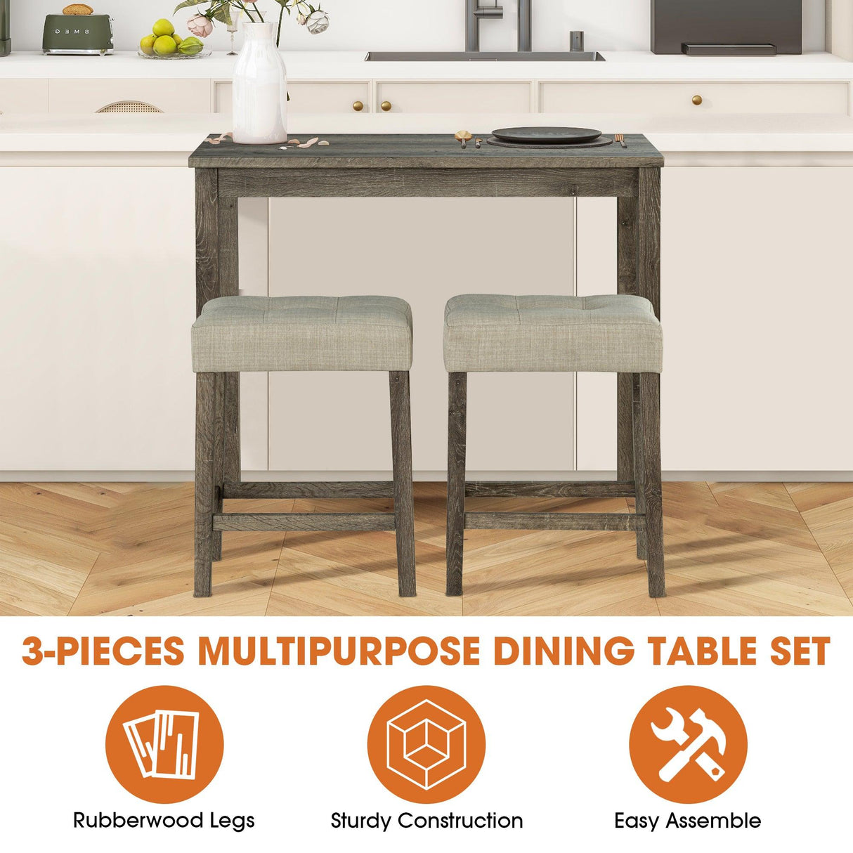 1 Traditional Breakfast Dining Table Set with 2 Stools for Apartment