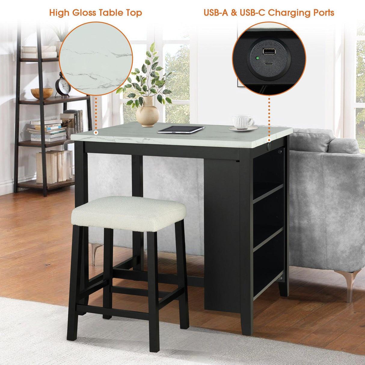 36" Modern Dining Table Set with 2 Stool, High Gloss Table Top, USB-A & USB-C Charging Ports