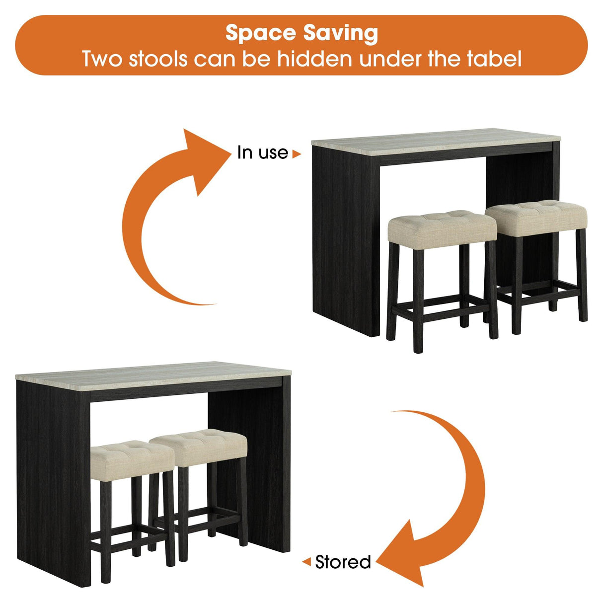 48" Modern Breakfast 1 Dining Table Set with 2 Stools for Apartment, Travertine Table Top